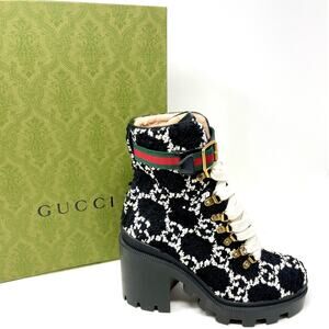 Gucci GG Monogram Web Tweed Combat Lace Up Ankle Boots Black White EU 36.5